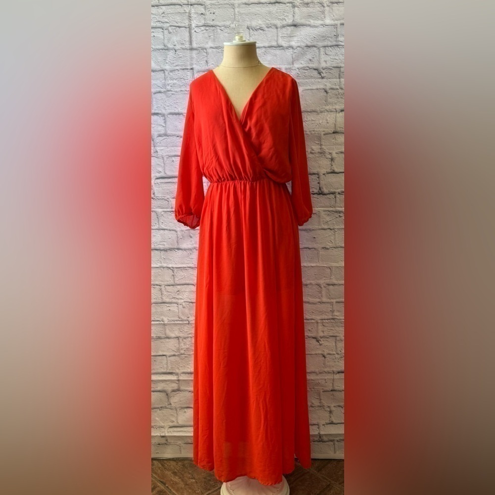 Sugarlips Orange Sheer Maxi Dress with Front Leg Slits Women’s Large